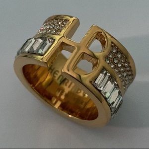 Sold out Henri Bendel gold tone HB Logo Crystal Ring size 7